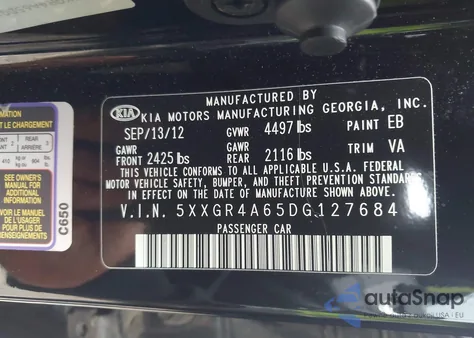 2013 Kia Optima Sx z USA, uszkodzony, nr VIN 5XXGR4A65DG127684